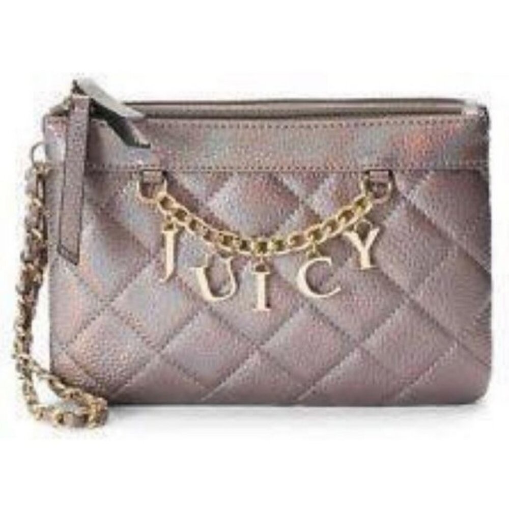 Juicy Couture womens wristlet Iridescent‎ Pewter Quilted Chain Accent Logo New